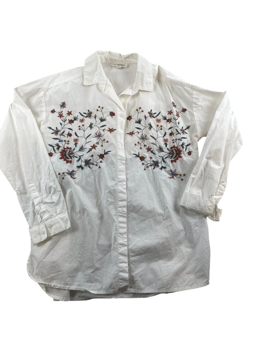 Beachlunchlounge Womens Shirt Small White Embroidered Floral Button Up Casual